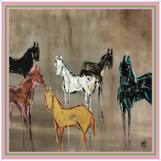 Artistic depiction of horses in various colors on a textured background
